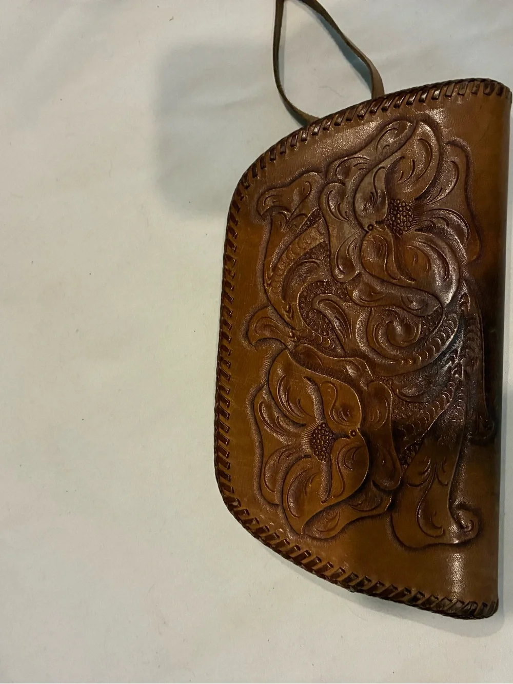 Hand-Tooled Floral Leather Clutch Wallet - Tan Brown Leather Big Zipper Wristlet